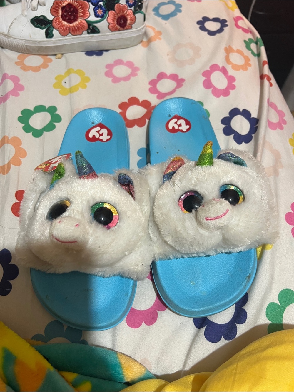 Ty Plush White Unicorn Slide Sandals with Light Blue Footbed